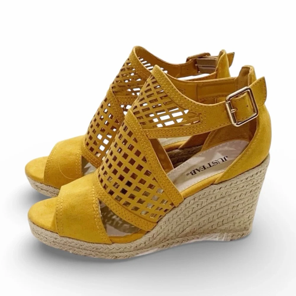JustFab Mabel Yellow Espadrille Wedge Sandals Size 6.5 Platform Ankle Strap
